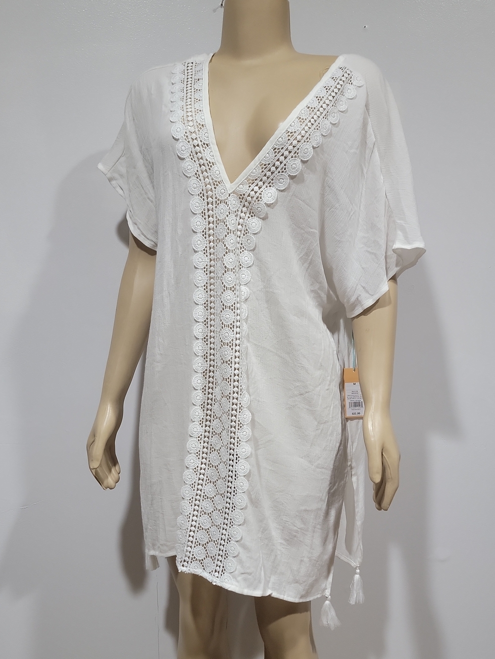 Kona Sol White Crochet V-Neck Swim Coverup Size M NWT